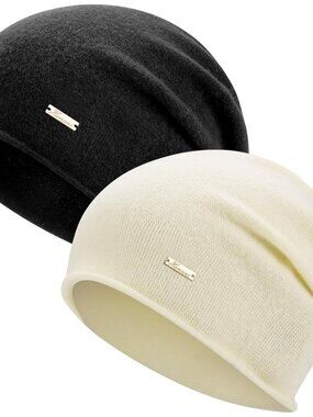 Unisex Black & Cream 100% Wool Warm Knit Pull-On Winter Slouchy Skull Beanie Cap